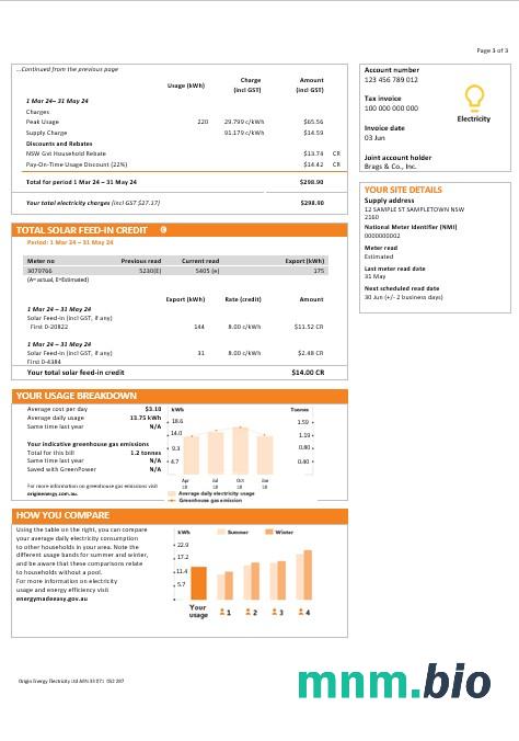 Australia Nowa Południowa Walia (NSW) pochodzenie energii elektrycznej rachunek za usługi komunalne szablon w Word i PDF forma 3pages